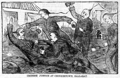 Chinese justice at Chinkeetown, Ballarat [picture]. Richard Egan Lee, Melbourne, 1876. [http://trove.nla.gov.au/work/167607525]